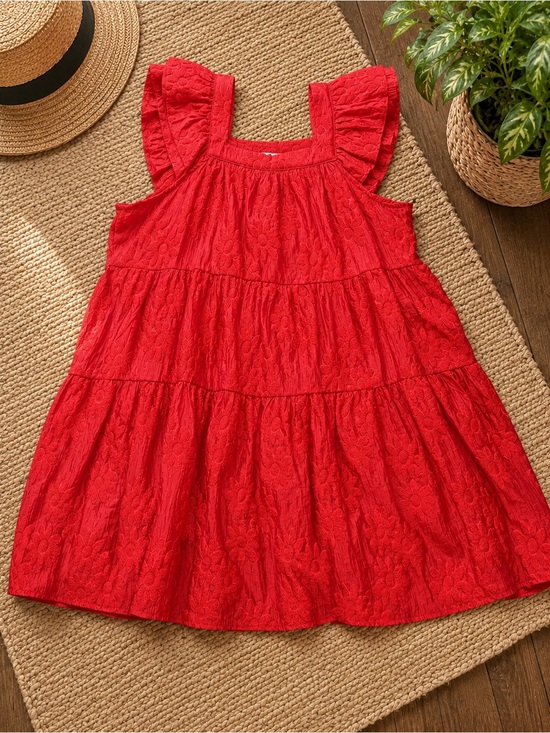 entro Dresses & Skirts - Entro Bright Orange Red Floral Textured Tiered Flutter Sleeve Dress XL